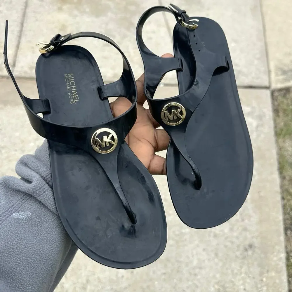 Michael Kors Black Jelly Buckle Strap Size 6 Women's PVC Thong‎ Sandals